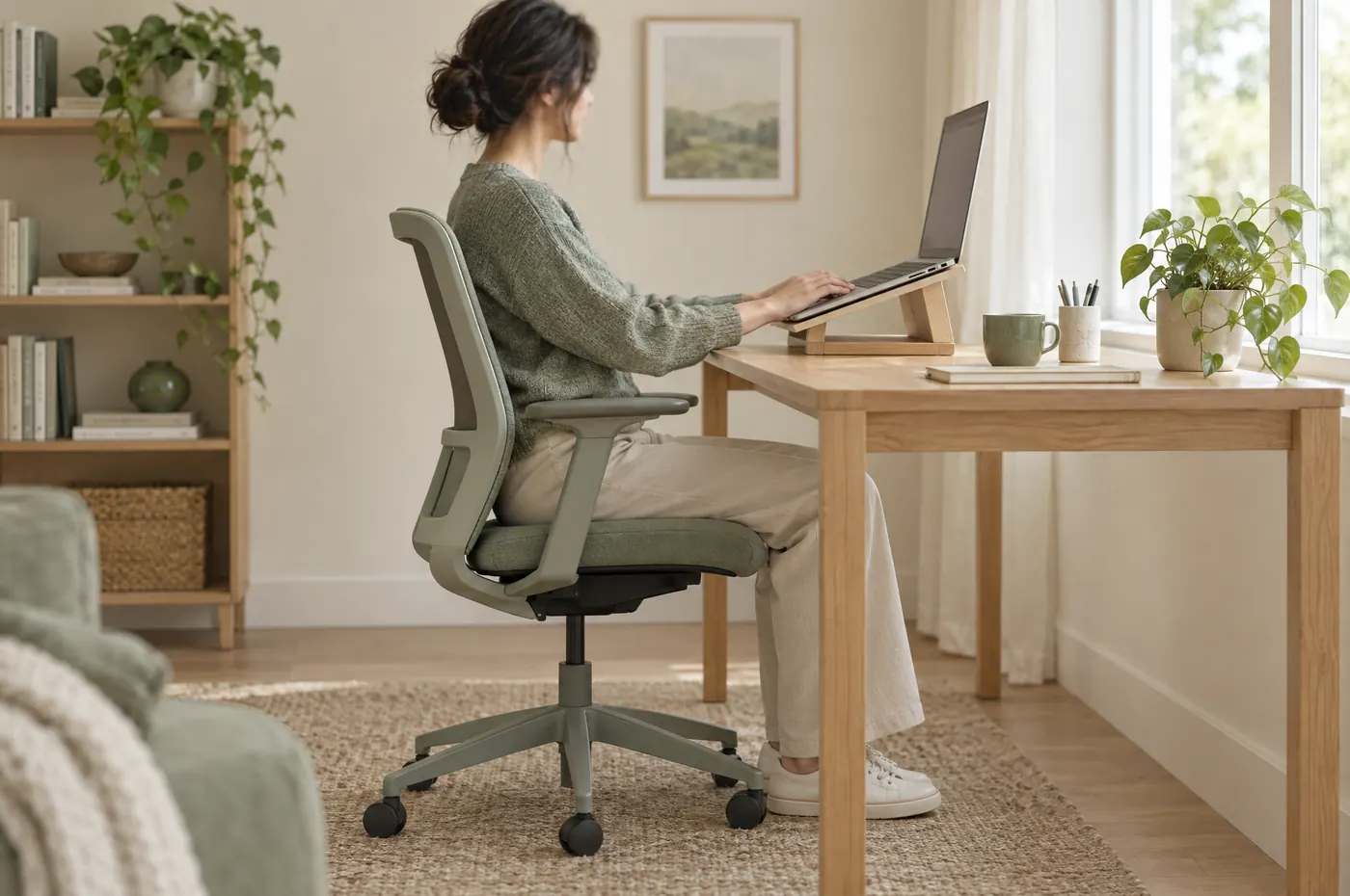 Doğru duruşla masa başında çalışan kişi, ergonomik çalışma düzeni