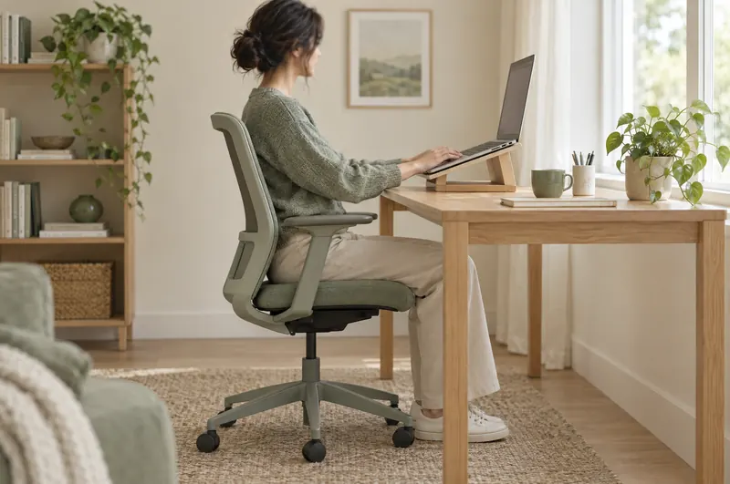Doğru duruşla masa başında çalışan kişi, ergonomik çalışma düzeni