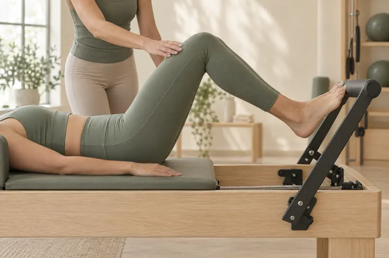 Kurtköy’de fizyoterapist eşliğinde reformer pilates seansı, diz hizalaması kontrol ediliyor