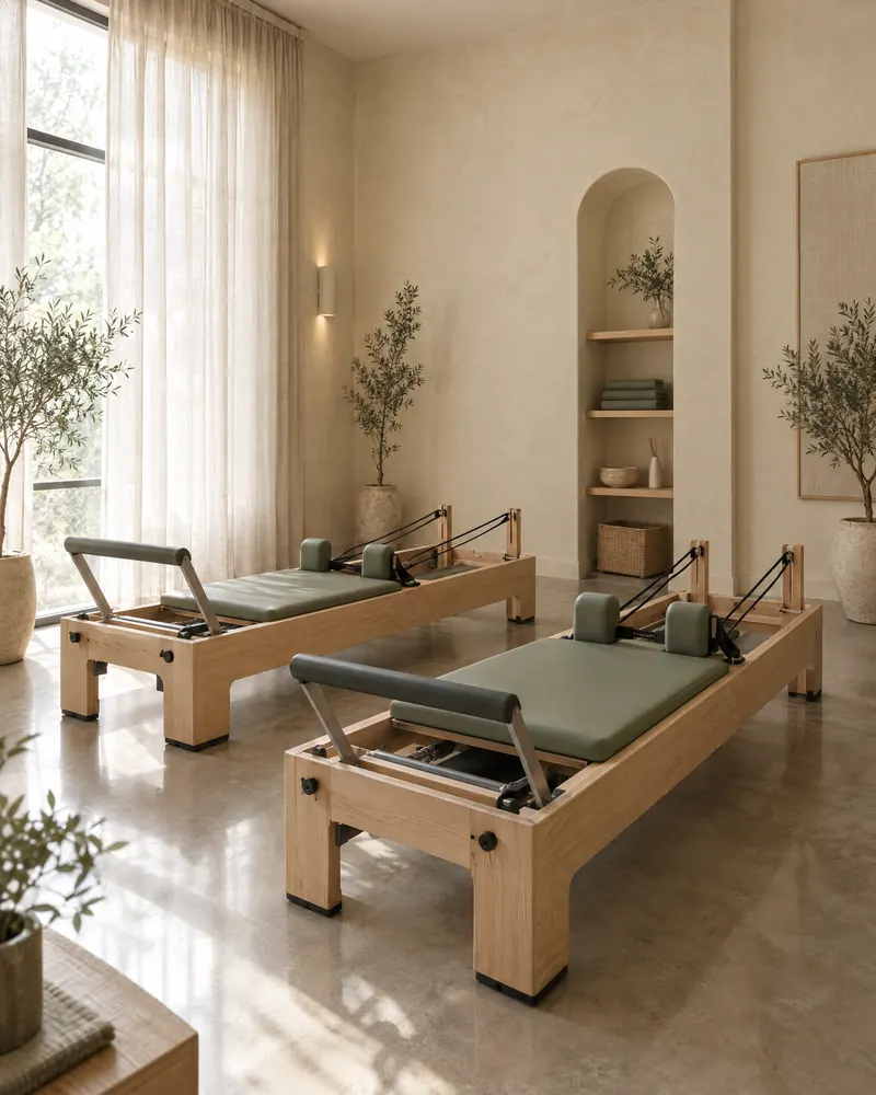 Kurtköy reformer pilates stüdyosu, ahşap reformer aletleri ve doğal ışık