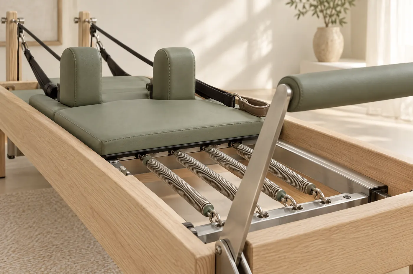 Reformer pilates aleti: yaylar, ayak barı ve taşıyıcı detayı