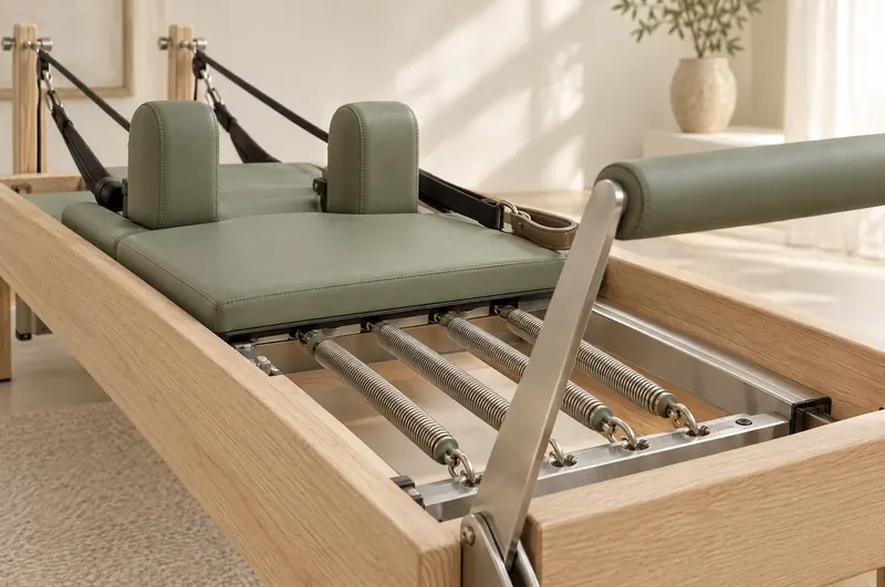 Reformer pilates aleti: yaylar, ayak barı ve taşıyıcı detayı